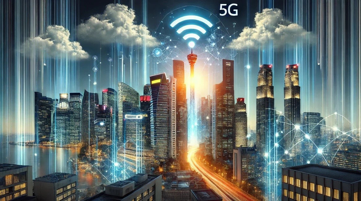 A-hyper-realistic-representation-of-futuristic-business-internet-connectivity.-The-scene-showcases-a-glowing-5G-tower-emitting-vibrant-beams-of-connection