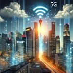 A-hyper-realistic-representation-of-futuristic-business-internet-connectivity.-The-scene-showcases-a-glowing-5G-tower-emitting-vibrant-beams-of-connection