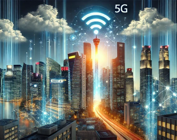A-hyper-realistic-representation-of-futuristic-business-internet-connectivity.-The-scene-showcases-a-glowing-5G-tower-emitting-vibrant-beams-of-connection