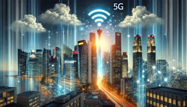 A-hyper-realistic-representation-of-futuristic-business-internet-connectivity.-The-scene-showcases-a-glowing-5G-tower-emitting-vibrant-beams-of-connection