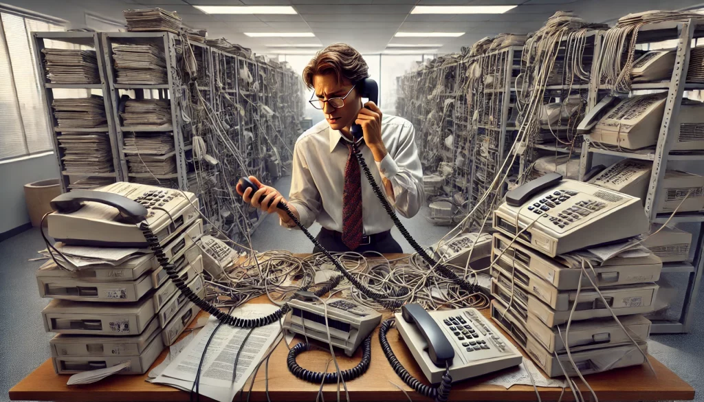 Hyper-realistic image of a stressed office worker holding a corded phone surrounded by tangled wires, cluttered papers, and outdated equipment, highlighting the inefficiency of traditional phone systems.