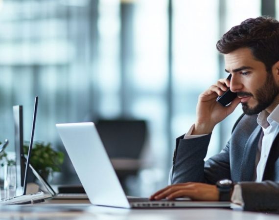 A business professional in a sleek office setting using a laptop and phone, showcasing the efficiency and connectivity of a cloud-based phone system.