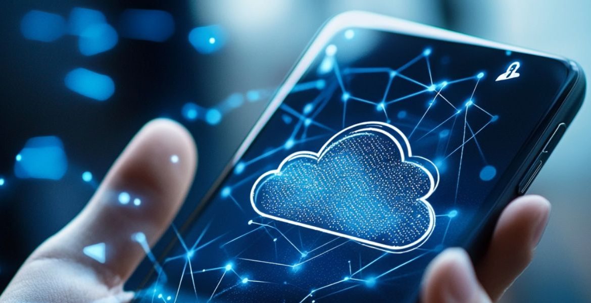 Close-up of a smartphone displaying a glowing cloud icon with digital network connections, symbolizing cloud-based VoIP solutions for businesses and modern communication technology.