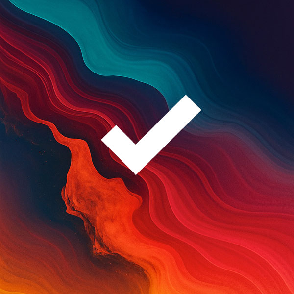 A white checkmark icon over a background of swirling red, orange, and blue colors.